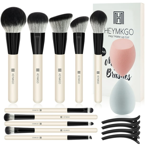 DUAIU Set de 10 Pinceles de Maquillaje + 2 Esponjas y 4 Horquillas - Brochas para Base, Rubor, Corrector y Sombrias - Ideal para Regalo de Navidad y San Valentín (Negro)