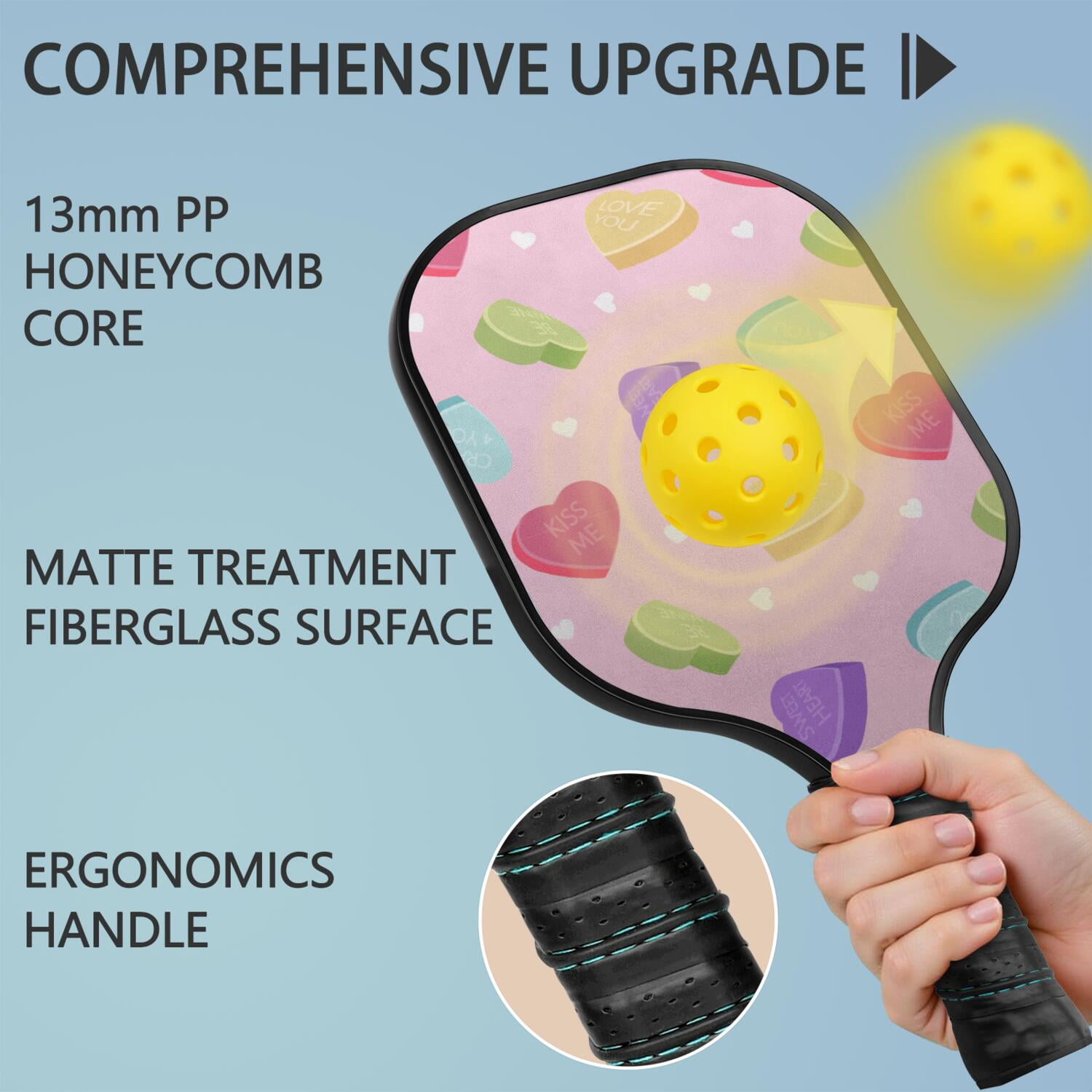 Pickleball Paddles Set Of 1, Fiberglass Surface, Sweet Candy Print, 1 Paddle, 2 Balls & Bag