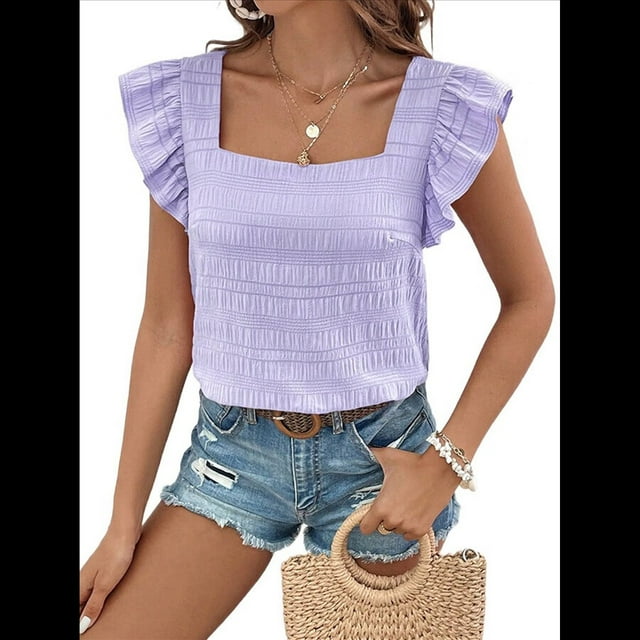 Top de Corta con Volantes y Cuello Cuadrado para Mujer, , Talla S