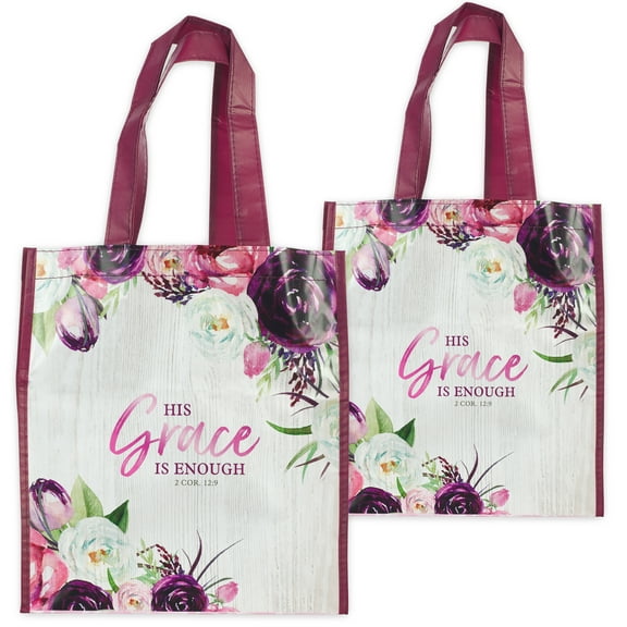 Christian Art Gifts Reusable Shopping Tote Bag: His Grace Is Enough - 2 Corinthians 12:9 Inspirational Bible Verse, Floral Pink for Groceries, Books, Supplies