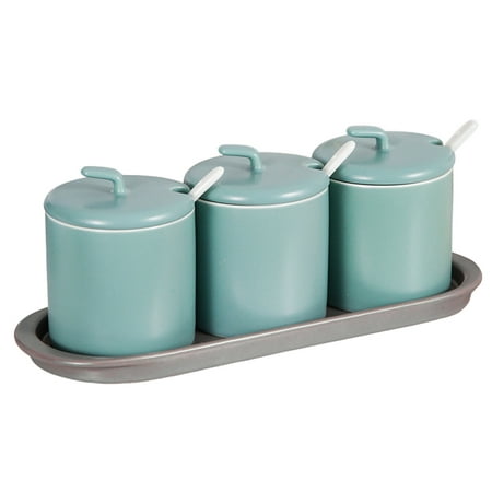 

Household Sugar Bowl With Spoon Solid Color Sugar Container Porcelain Moisture And Dustproof Spice Jars Sugar Pot With Convenient Lid-green-3 Set