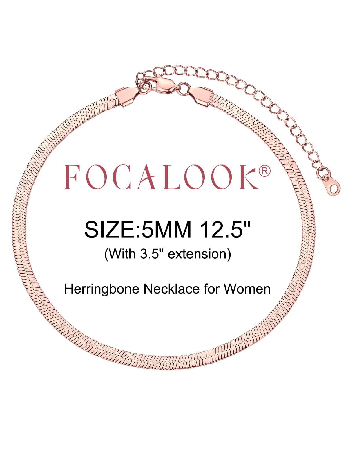 FOCALOOK Flat Snake Chain for Women Stainless Steel Rose Gold Plated Herringbone Choker Necklace Jewelry Girlfriend Birthday Christmas Valentine's Day Gifts 5MM 12 Inches