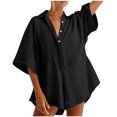 thumbnail image 2 of Yuyuzo Women Jumpsuit V-Neck Half Button Collared Rompers Short Sleeve Oversized Lightweight Overalls, 2 of 7