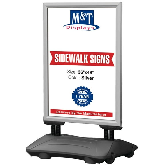 M&T Displays WindPro Weather and Wind Resistant Outdoor Pavement Curb Sidewalk Sign Holder for 24x36 Inch Posters Silver Aluminum Easy Front Loading Snap Frame Durable HDPE Silver Water Base