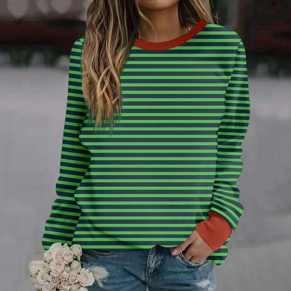 Women Oversized Striped Crewneck Sweatshirt Casual Winter Long Sleeve Color Block Pullover Tops Casual Loose Fit Workout Shirt Army Green XXL