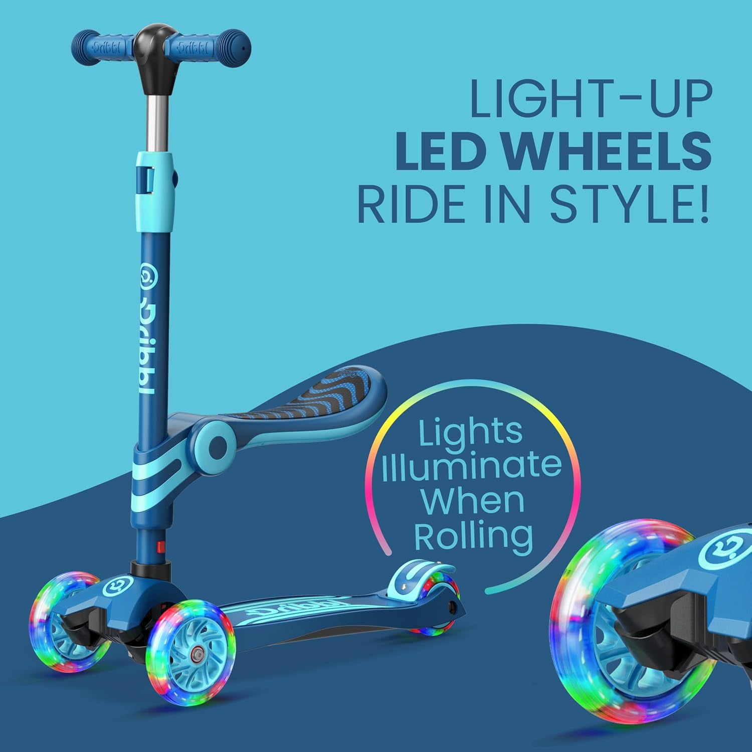 Dribbl 3-Wheel Kids Scooter with Seat, Light-Up Wheels, Adjustable Handlebar, Wide Deck & Rear Brake, Ages 2+