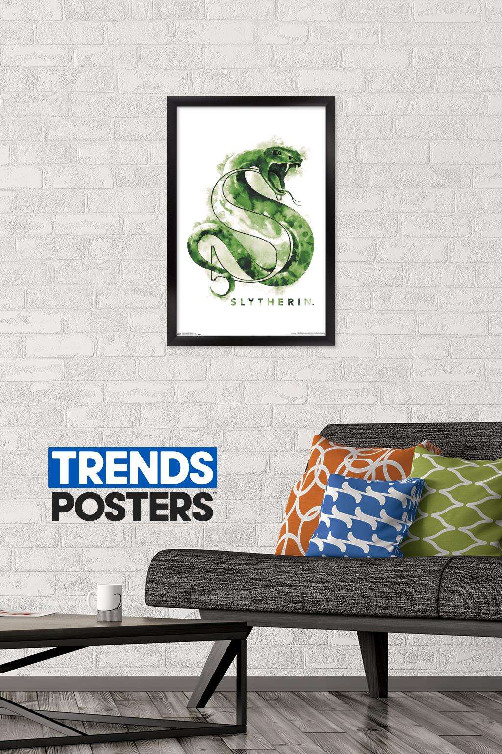 The Wizarding World: Harry Potter - Slytherin Illustrated House Logo Wall Poster, 14.725" x 22.375", Framed