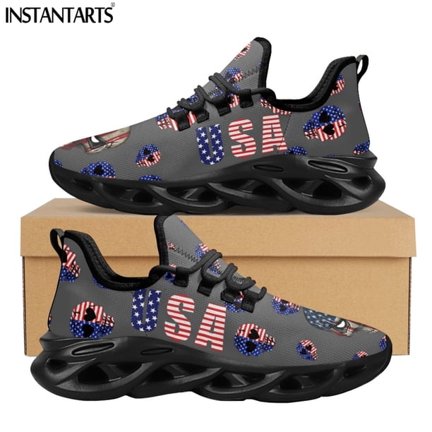 Zapatillas deportivas informales con diseño de bandera de EE. UU. para mujer, zapatos para caminar con cordones transpirables, zapatos planos con estampado de calavera y bandera estadounidense