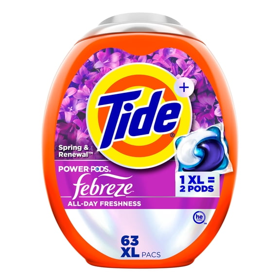 Tide Power Pods with Febreze Laundry Detergent Pacs, 63 Count, Spring and Renewal Scent, All-Day Freshness, laundry soap detergent pacs