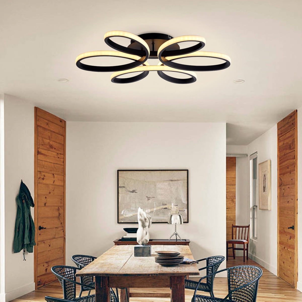 23 inch Modern LED Ceiling Light, 6 Rings Flower Flush Mount Light Fixture with Remote Control Black Dimmable Ceiling Lamp for Living Room, Bedroom,  Kitchen-Y