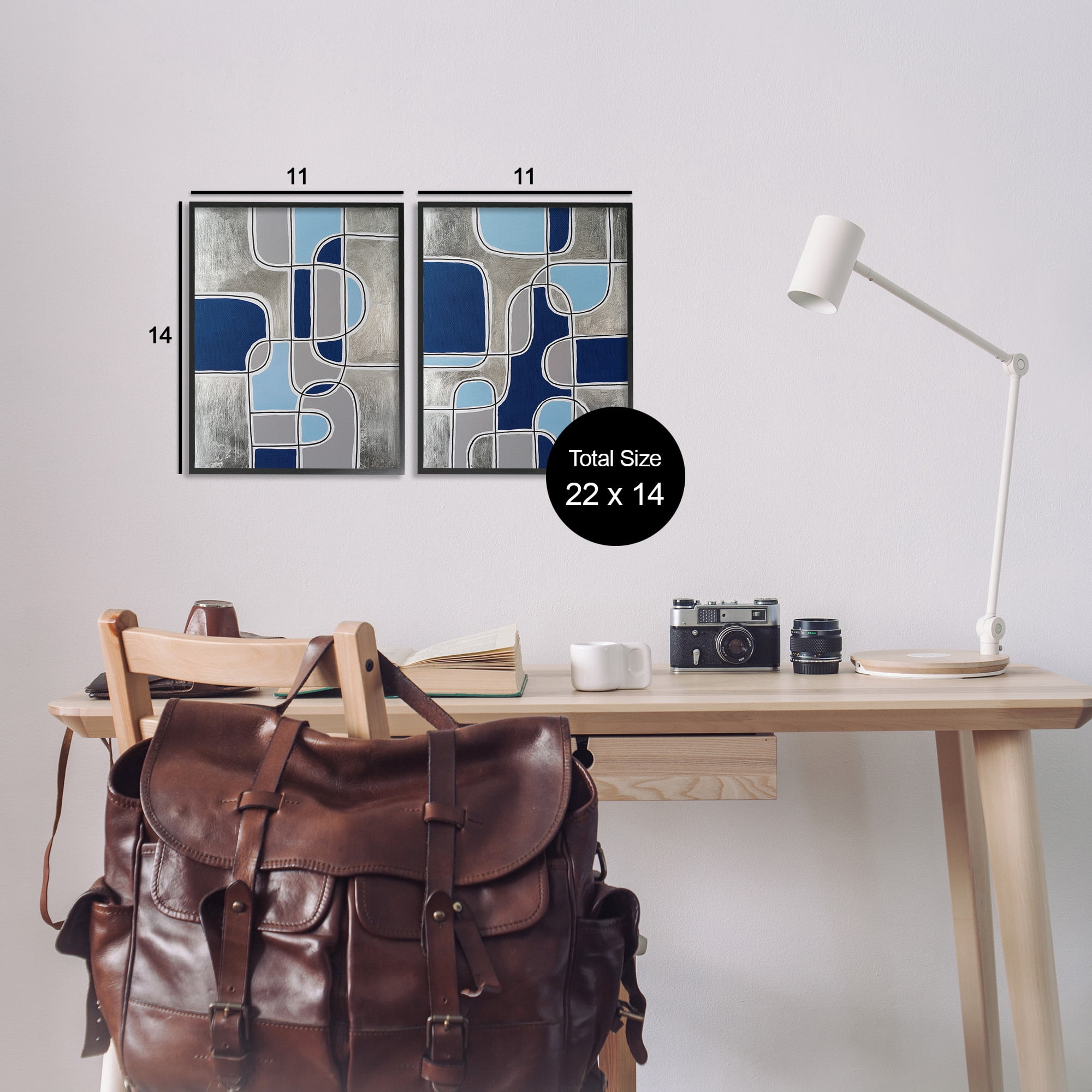 Stupell Industries Blue & Grey Geometrics Abstract Painting Black Framed Art Print Wall Art, 11 x 14, Set of 2