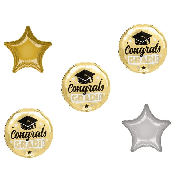 LOONBALLOON Graduation Grad Theme Balloon Set, 3x pcs Standard Congrats Grad Shiny Gold Balloon, Star Foil