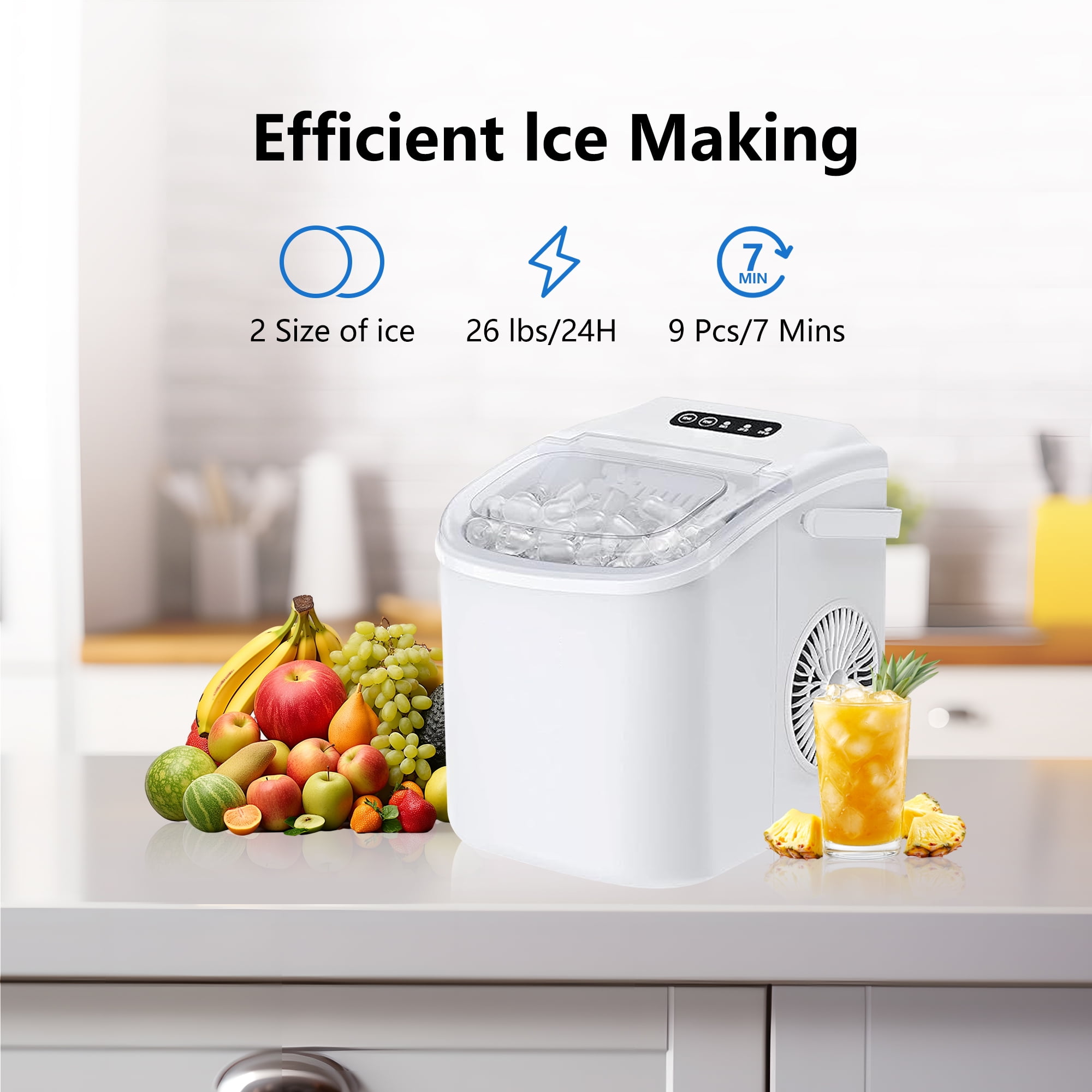 HUMSURE Countertop Ice Maker Machine with Handle, 26lbs  Per Day, 9 Ice Cubes Ready in 7 Mins, Self-Cleaning Portable Ice Maker with Basket and Scoop, for Home/Party/Kitchen/Camping/RV(White)