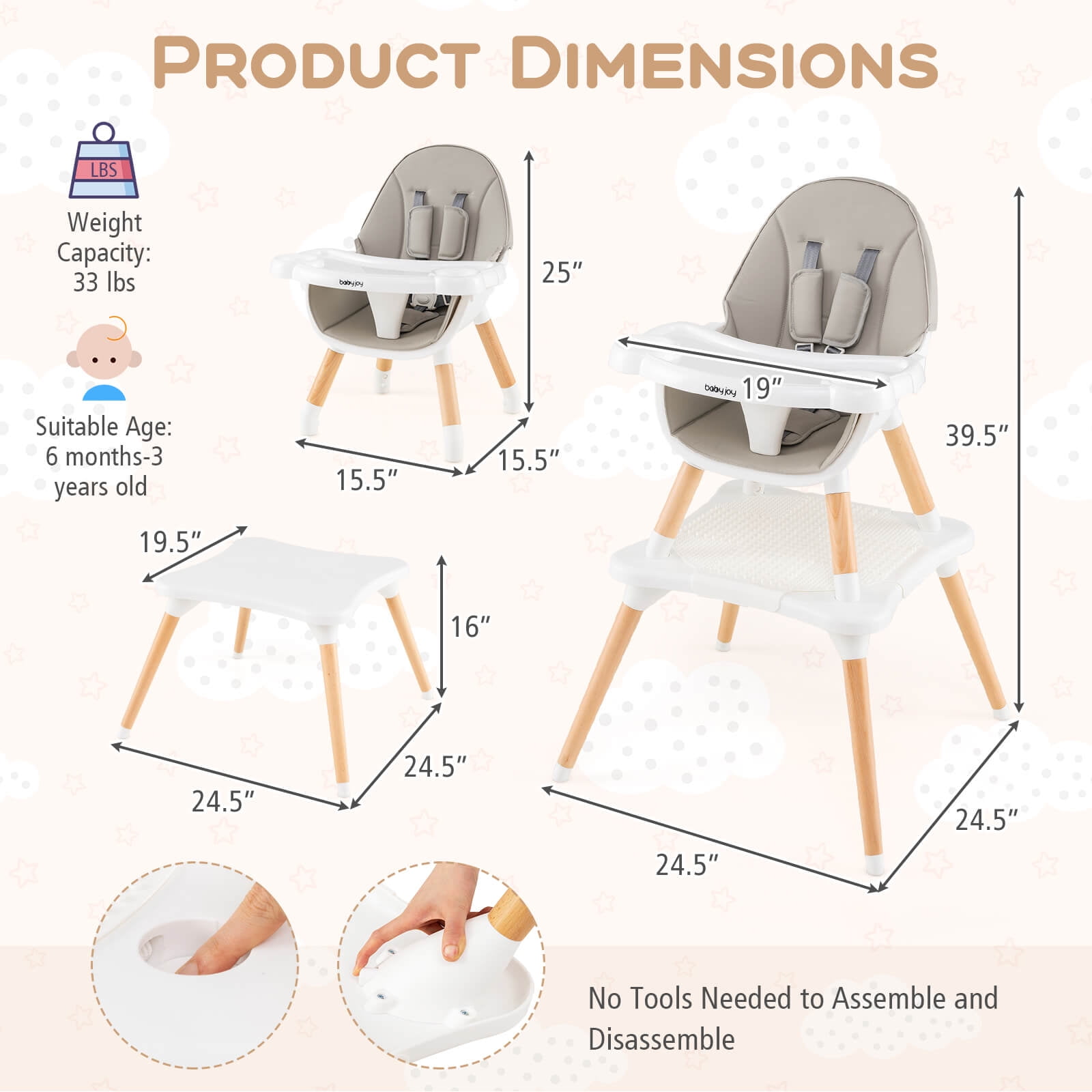 Costway 6-in-1 Baby High Chair Infant Wooden Convertible Chair with Building Block Table Gray
