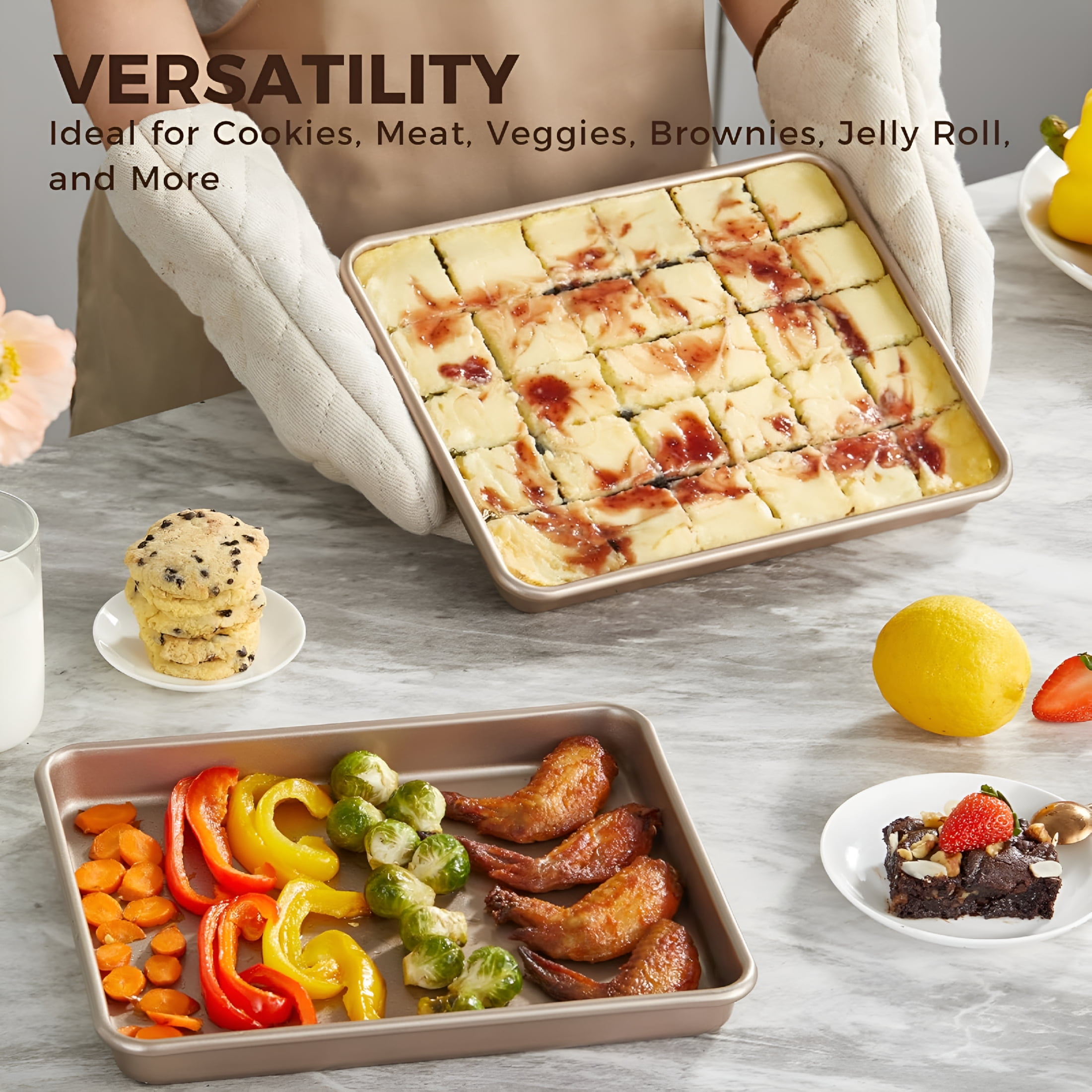 BPPEG 2 Pack 11 X 9 Inch Toaster Oven Pans and Trays,Small Baking Sheet Set for Cooking,Non-Stick Cookie Sheets,Heavy-Duty 0.8Mm Thick,Easy to Clean,1.26 Inch Deep,Gold