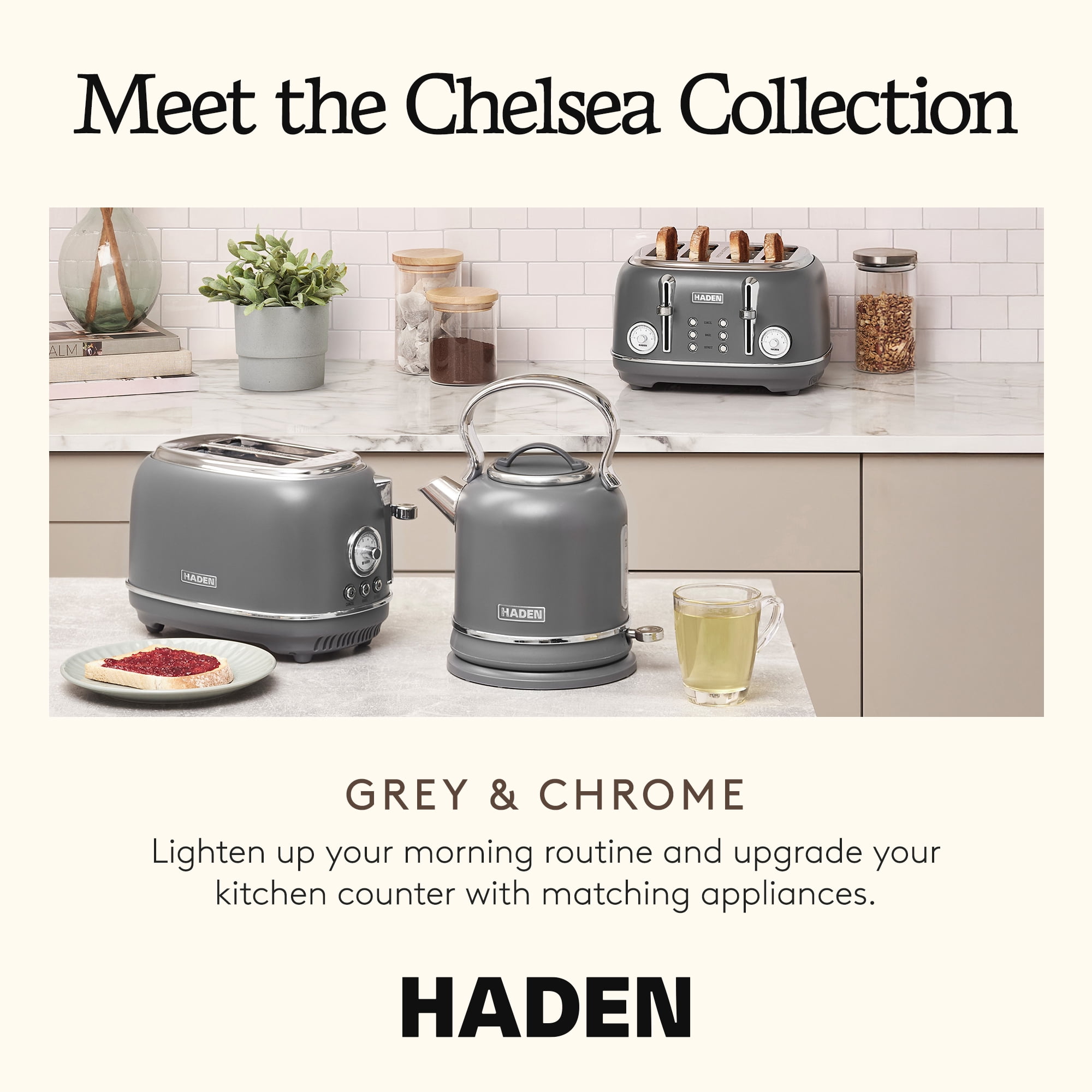 Haden Chelsea Stainless Steel 4 Slice Toaster w/Extra Wide Slots, Grey