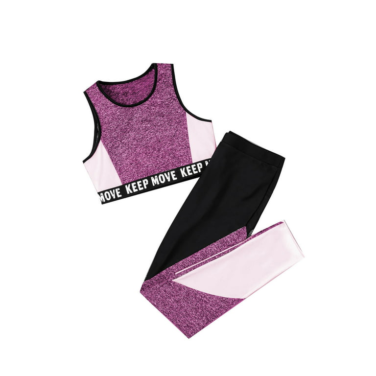 DPOIS Kids Girls Gymnastic Dance Outfit Crop Tops with Athletic Leggings  Workout Activewear Pink Black 14