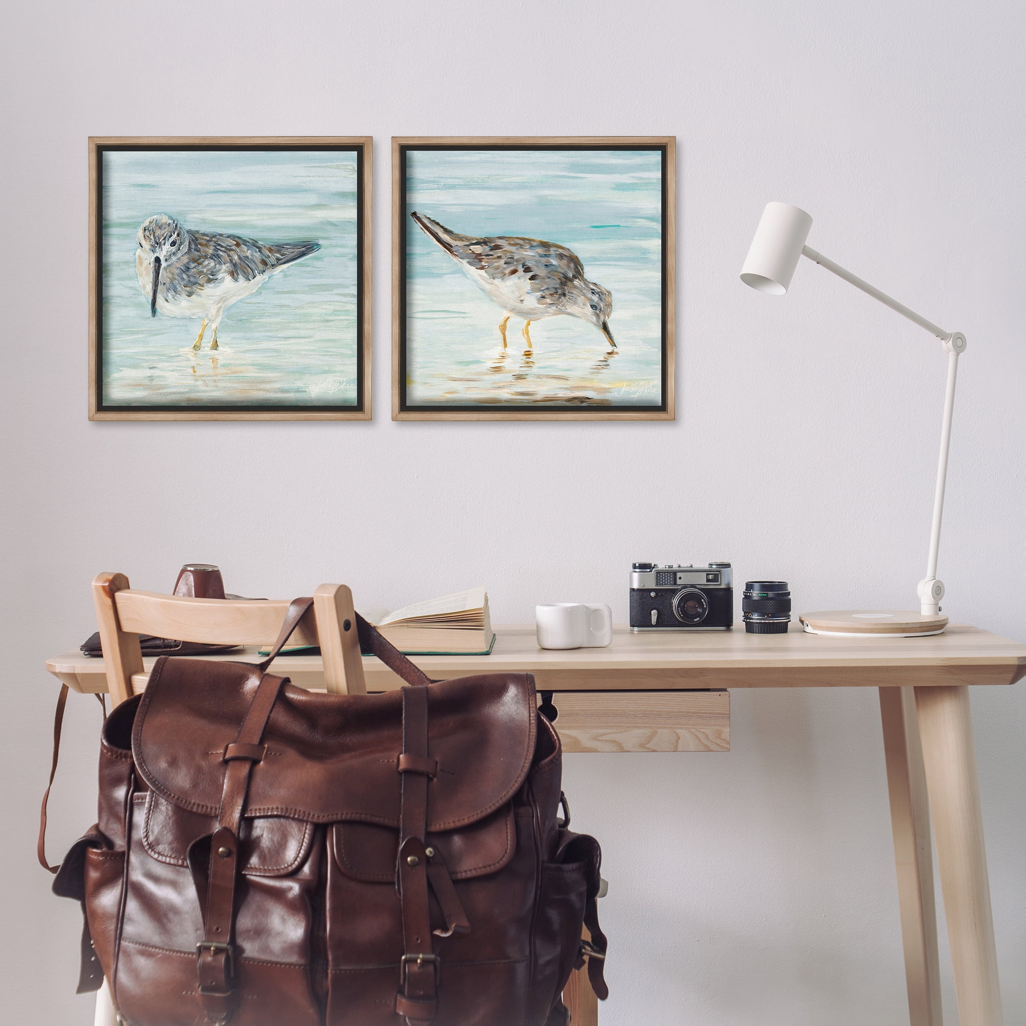Stupell Industries Piping Plover Shoreline Birds Animals Painting Brown Floater Framed Canvas Art Print Wall Art, 18 x 18, Set of 2