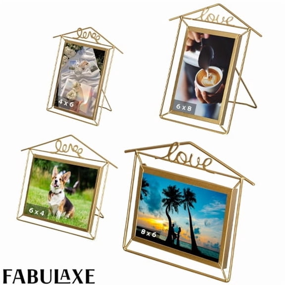 Fabulaxe Set of 4 Decorative Gold Metal Floating Picture Frames 2 Horizontal (Large 9x12" for 6x8 Photos Small 7x9" for 4x6 Photos) & 2 Vertical (Large 11x8" for 8x6 Photos Small 9x6" for 6x4 Photos)