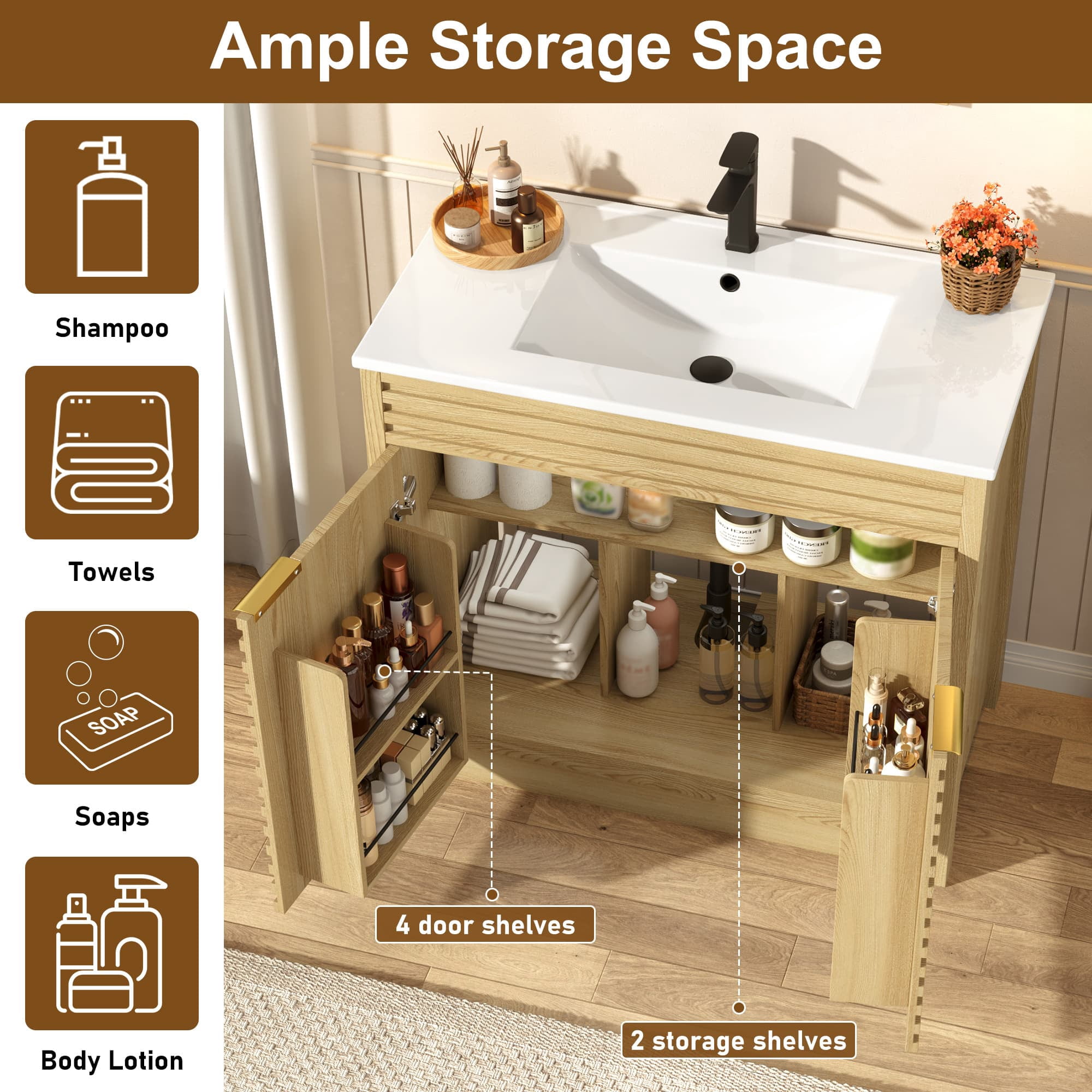 36" Modern Bathroom Vanity with Sink and Faucet Combo, Double Fluted Door Vanity Set, Ceramic Integrated Basin, 6-Tier Smart Storage Organization
