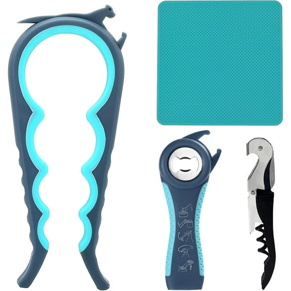 Jar Opener Bottle Opener and Can opener for Weak Hands,Seniors with Arthritis, Elderly, Jar Lid Opener Gadgets with Rubber Jar Opener Gripper Pad and Corkscrew Opener