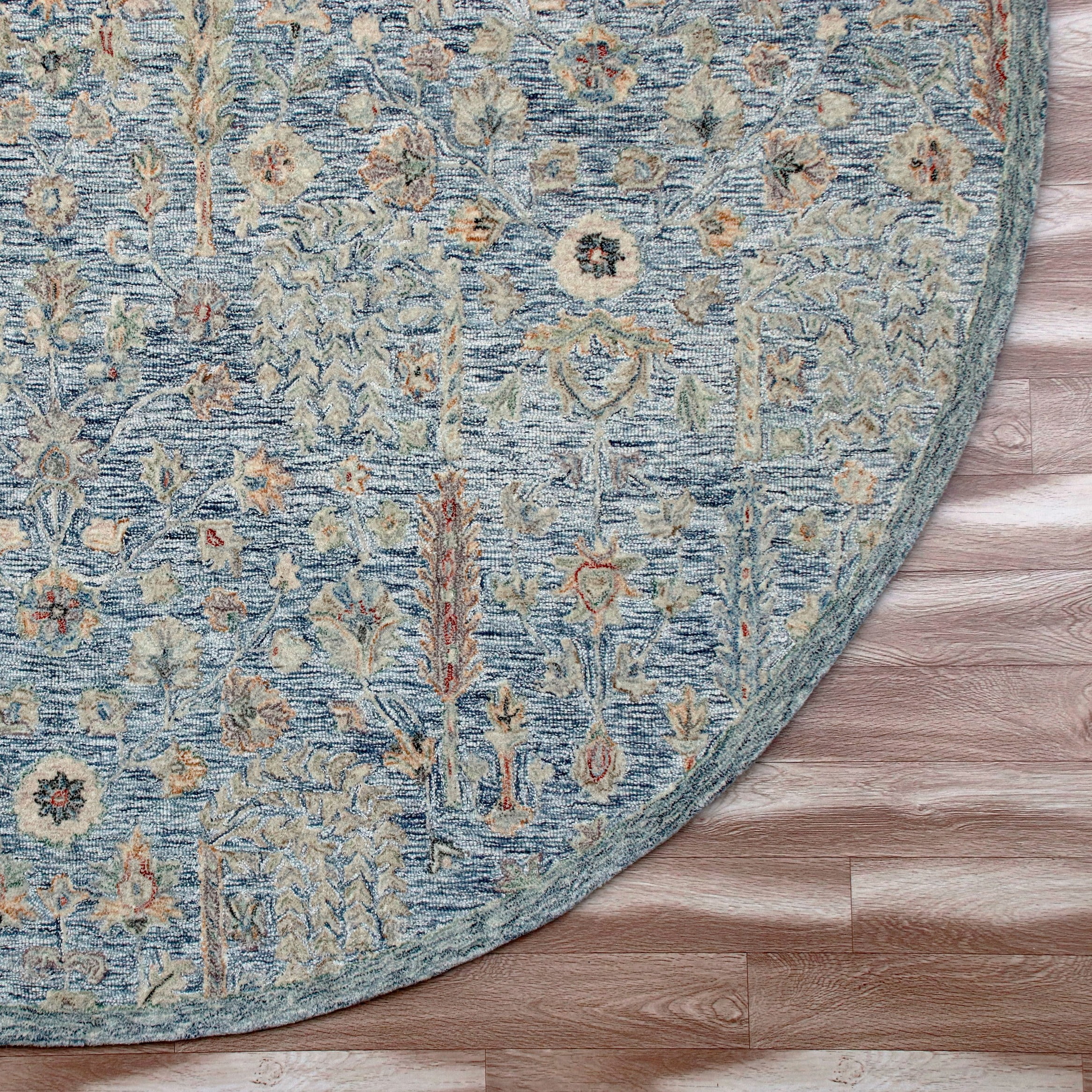 LR Home Viane Blythe Blue/Taupe Vintage Floral Wool Round Rug, 8'6" Round