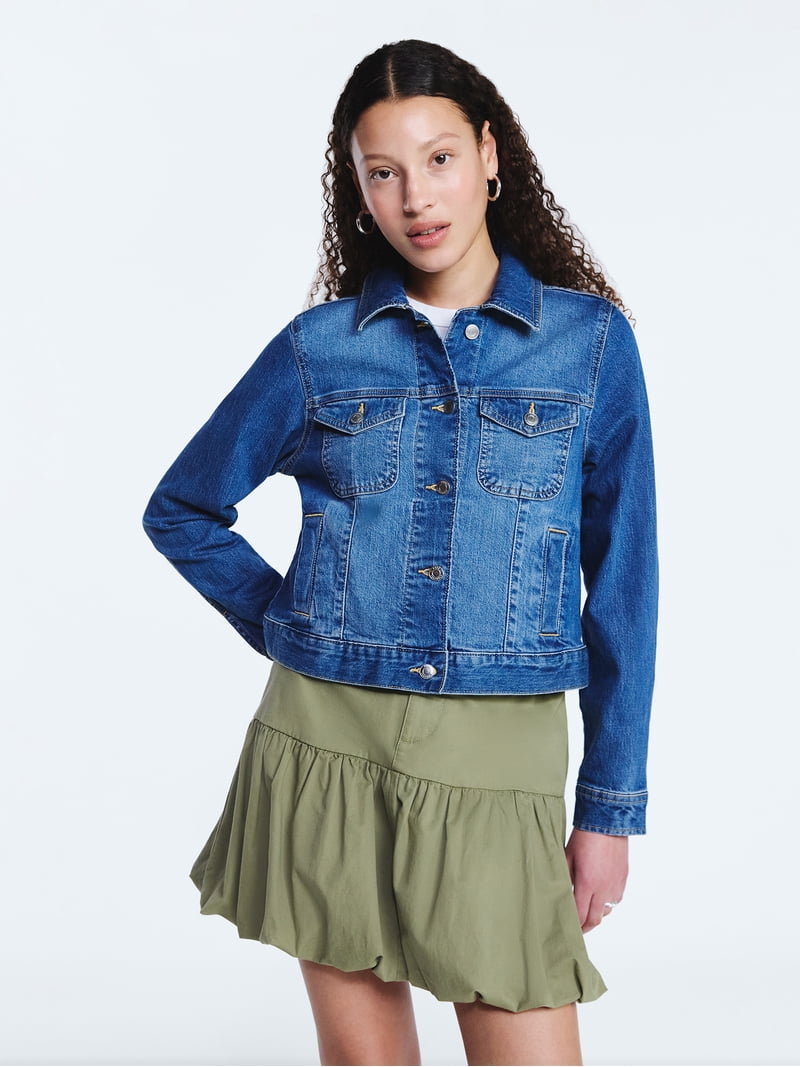 Free Assembly Women's Cropped Denim Jacket with Long Sleeves