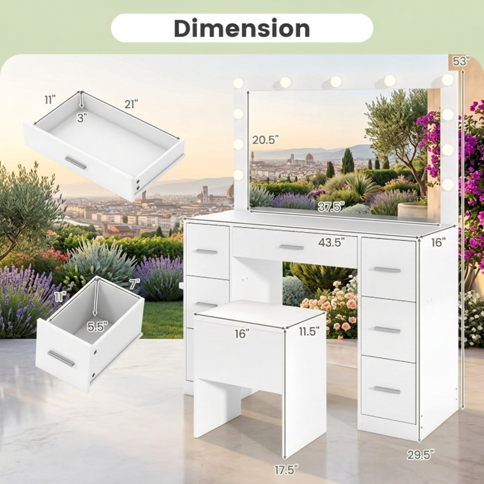 Furnibear 43.5-Inche Vanity Desk with Mirror and Lights for Bedroom for Bedroom Makeup Dressing Room Vanity Desk Mirror Set, White
