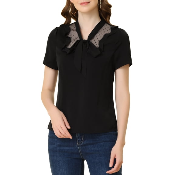 INSPIRE CHIC Women's Tie Neck Ruffle Mesh Panel Semi Sheer Short Sleeve Blouse Black XS