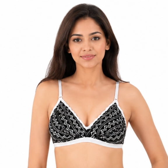 Women’s Black & White Printed Cotton Bra Size 32, Non Padded Wirefree Full Coverage Everyday Comfort Bra with Adjustable Straps