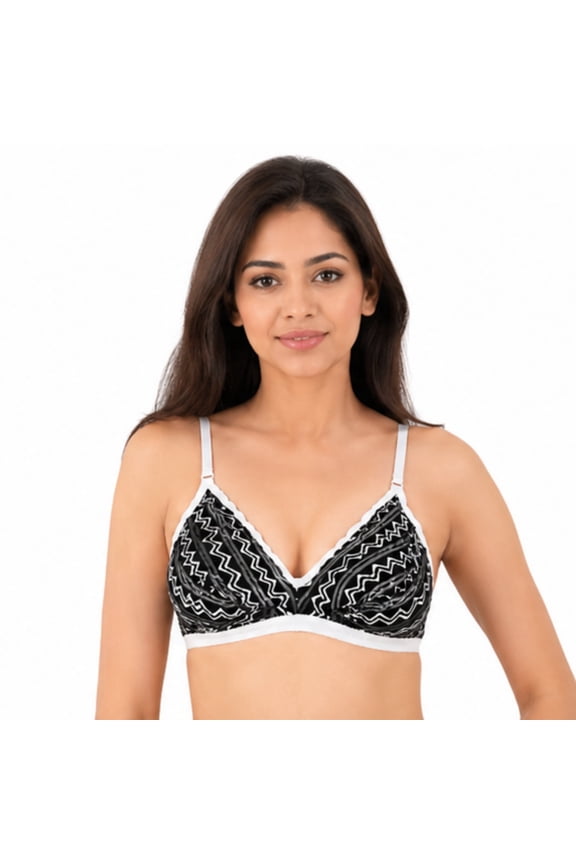 Womens Black & White Printed Cotton Bra Size 32, Non Padded Wirefree Full Coverage Everyday Comfort Bra with Adjustable Straps
