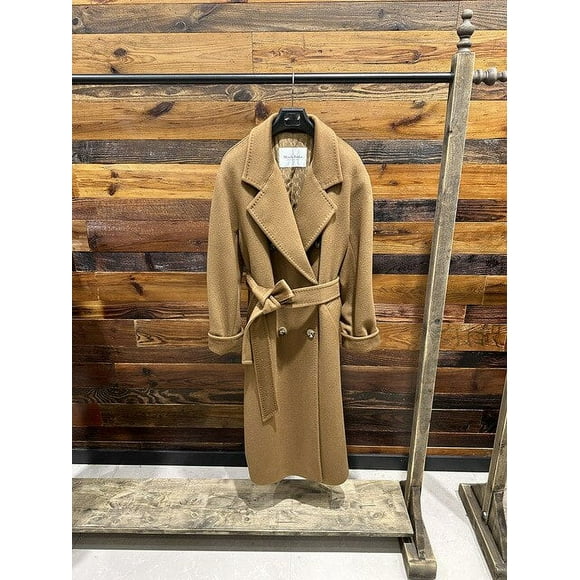 QueenLine Cashmere Long Loose Double breasted Wool Camel Black,  Belt Classic Commuter Coat