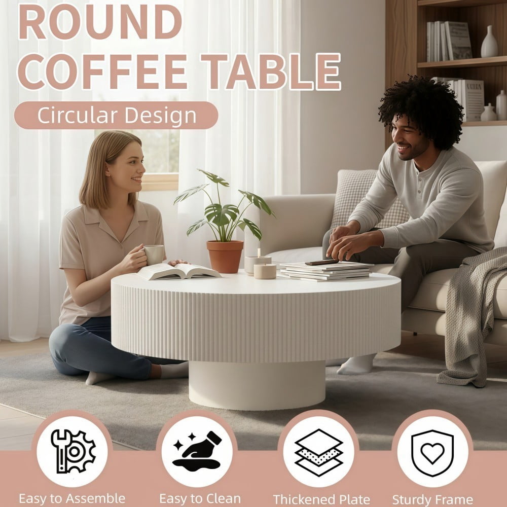 Round Fluted Coffee Table, Modern Pedestal Coffee Table for Living Room, Mid Century Modern Side Table, Small Space Accent Table, White