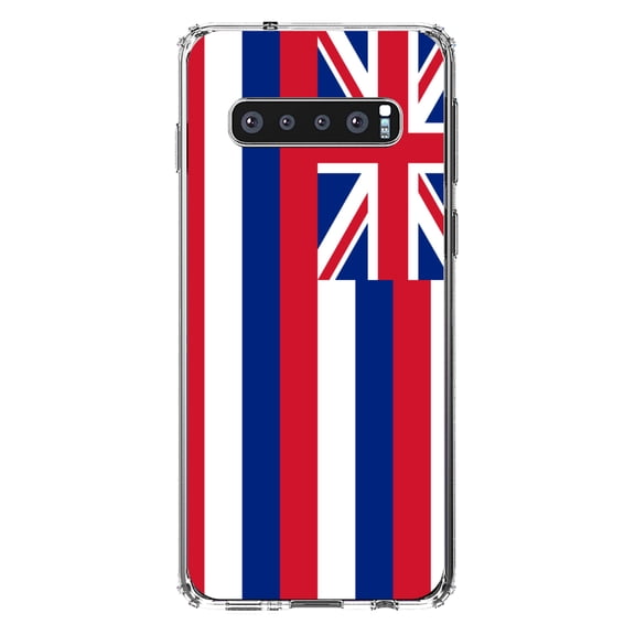 DistinctInk Clear Shockproof Hybrid Case for Samsung Galaxy S10 (6.1" Screen) - TPU Bumper, Acrylic Back, Tempered Glass Screen Protector - Hawaii State Flag - US State Flag
