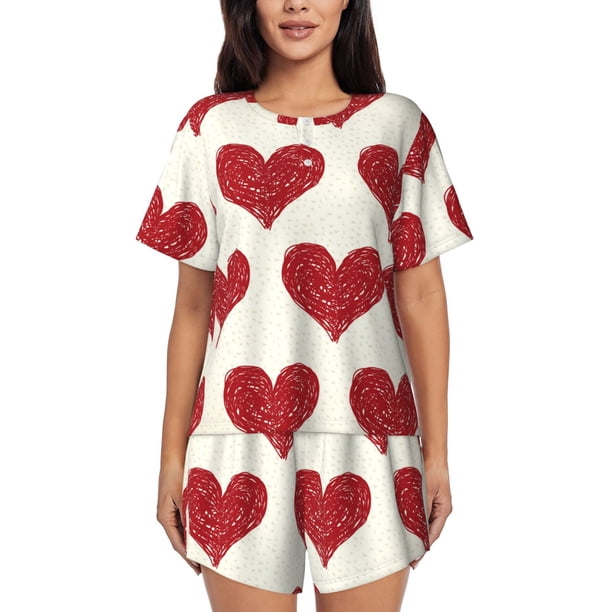 Balery Love Conjunto de Pijama para Mujer con Estampado, Dos Piezas de Manga Corta y Shorts, Ropa de Dormir Suave con Cuello Redondo y Bolsillos-Small