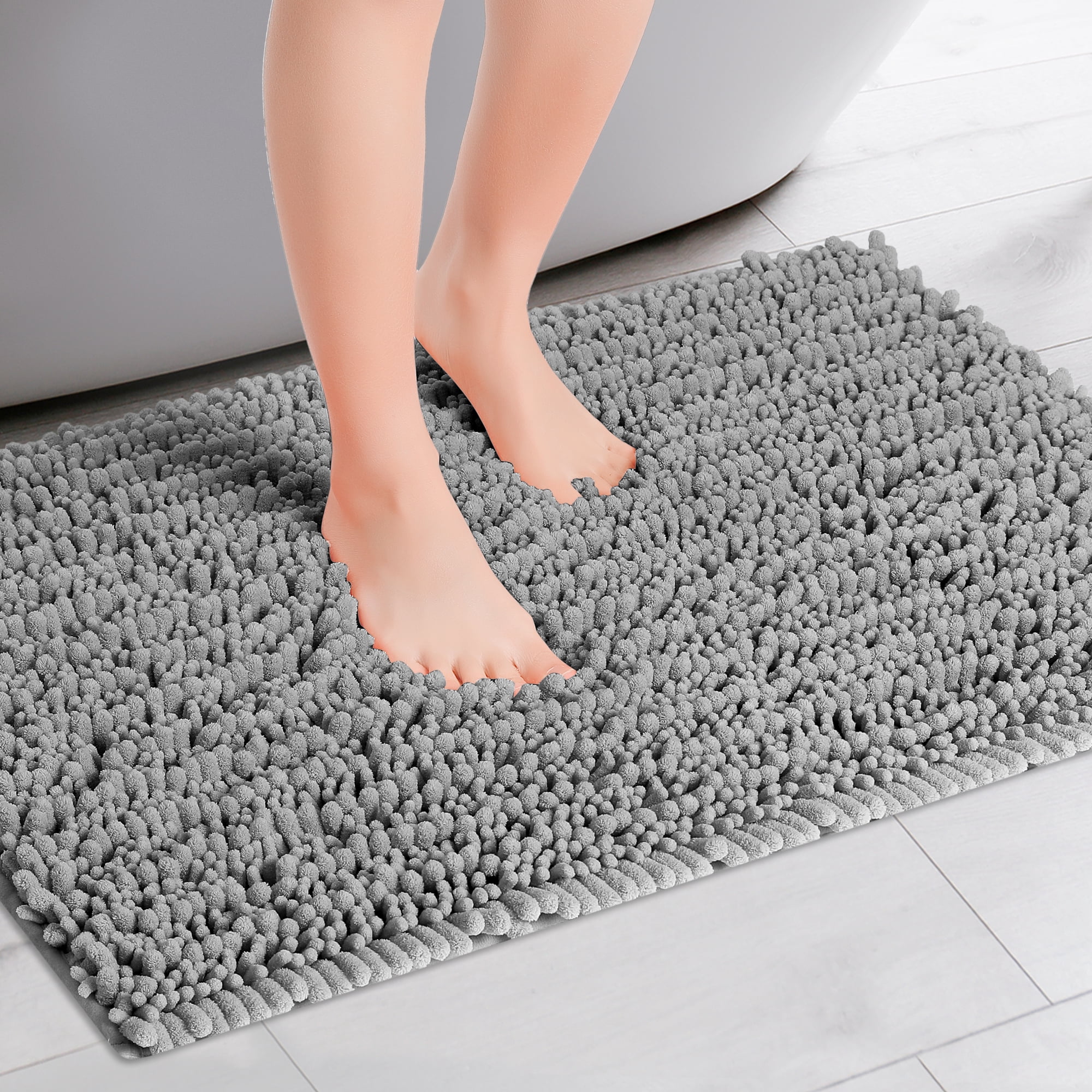 Unique Bargains Chenille Bathroom Rugs Non-Slip Bath Rugs Plain Washable Soft Shower Mat Gray 16" x 24"