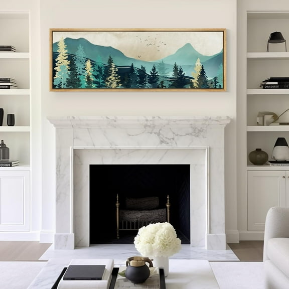 IDEA4WALL Extra Large Framed Canvas Print Wall Art Elegant Forest and Mountain Panoramic Landscape Artwork Nature Vintage Inspired Pastel Antique Fine Art Decor Relax/Calm for Rooms Decor - 60"x20"