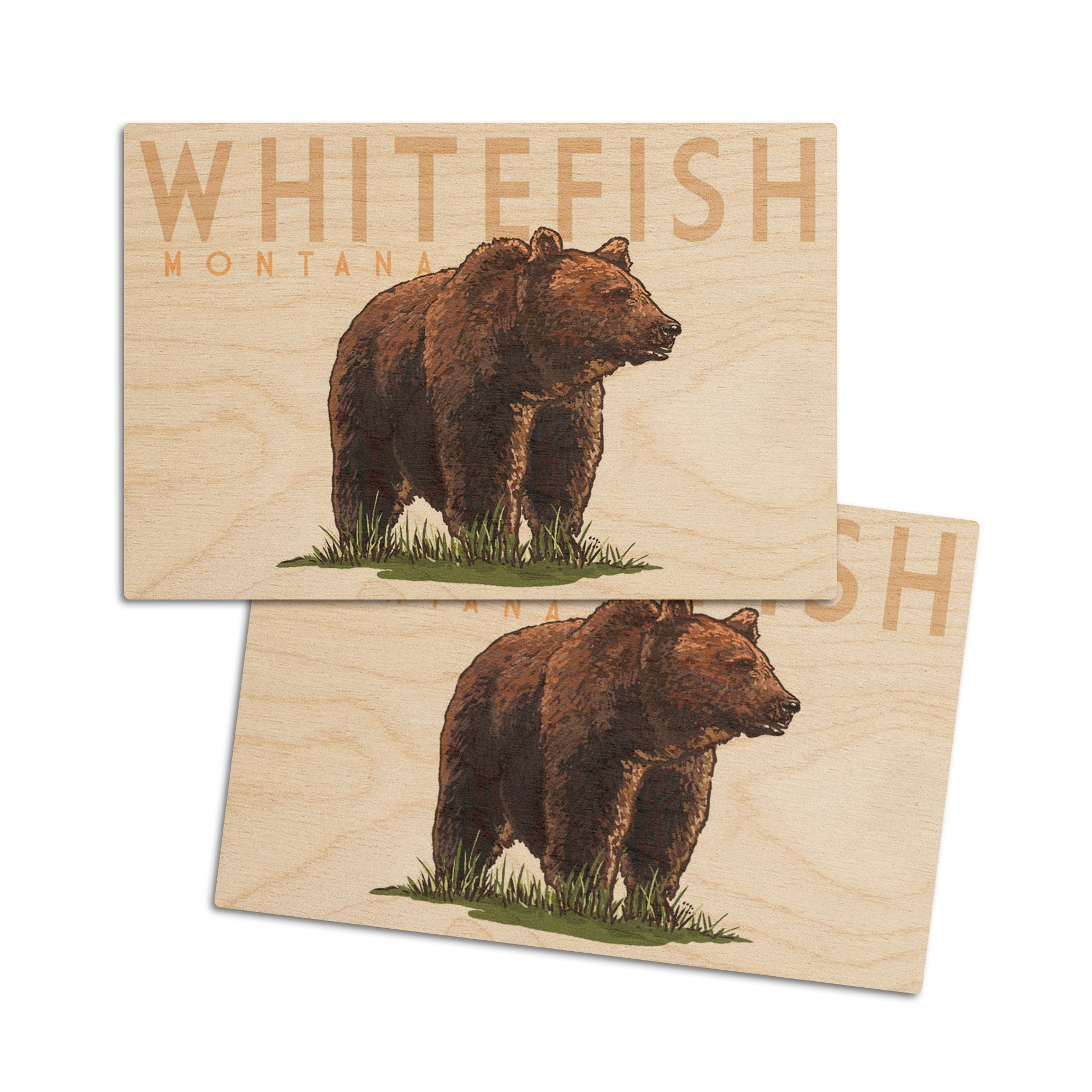 Whitefish, Montana, Grizzly Bear, Icon (4x6 Birch Wood Postcards, 2Pack Stationary, Rustic Home