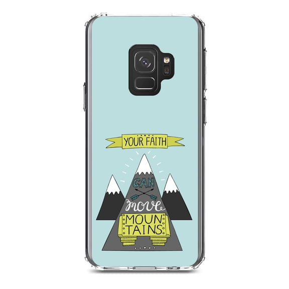 DistinctInk Clear Shockproof Hybrid Case for Samsung Galaxy S9 (5.8" Screen) - TPU Bumper, Acrylic Back, Tempered Glass Screen Protector - Your Faith Can Move Mountains