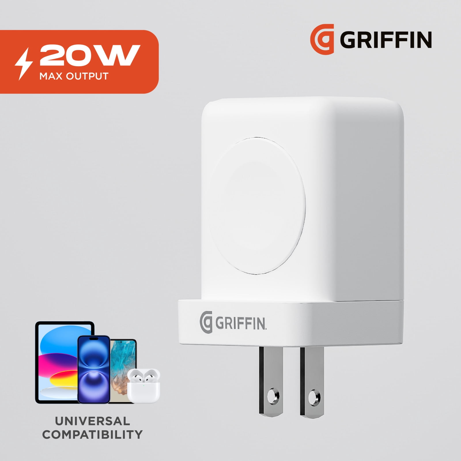 Griffin PowerBlock 20W Wall Charger with Smartwatch Wireless Charging, Dual USB-A & USB-C Ports, Fast Charging for Phones and Smartwatches