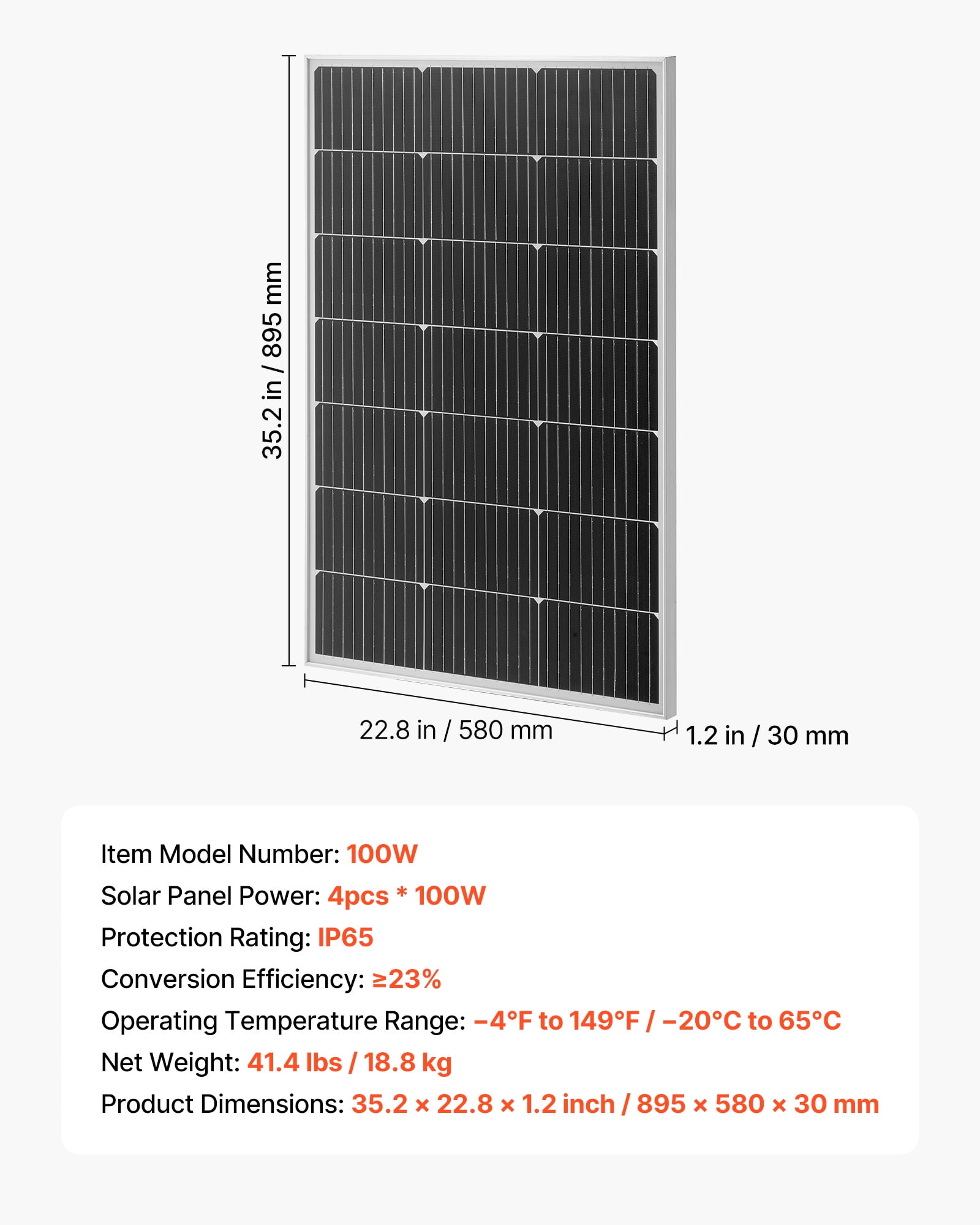 VEVOR 4PCS 100W Monocrystalline Solar Panels, 23% High-Efficiency Mono PV Module with Stable MC4 Output & Aluminum Frame, IP65 Waterproof Solar Panel for Car Boat Flat Rooftop Off-Grid Applications