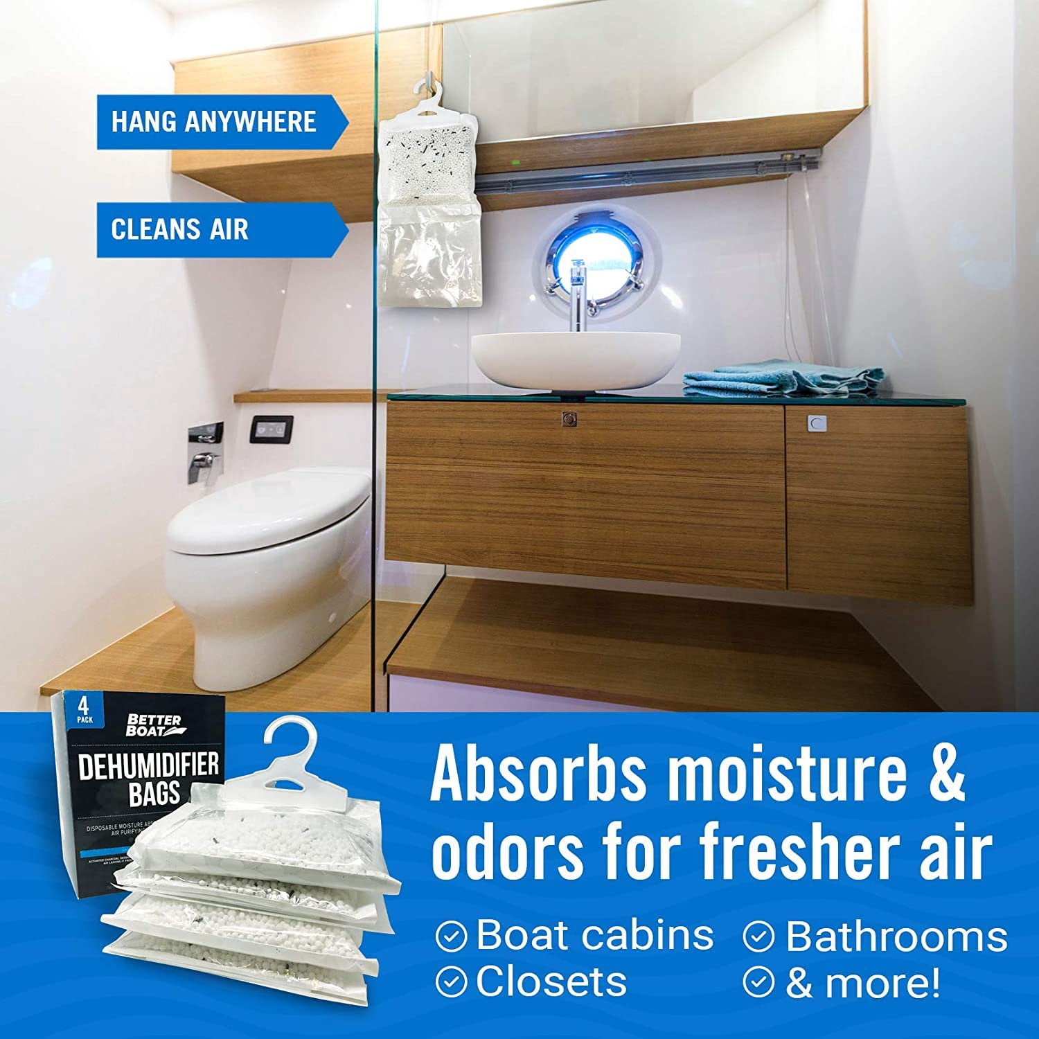 Better Boat Hanging Moisture Absorber and Charcoal Dehumidifier Bags, Fragrance Free, 4-Pack
