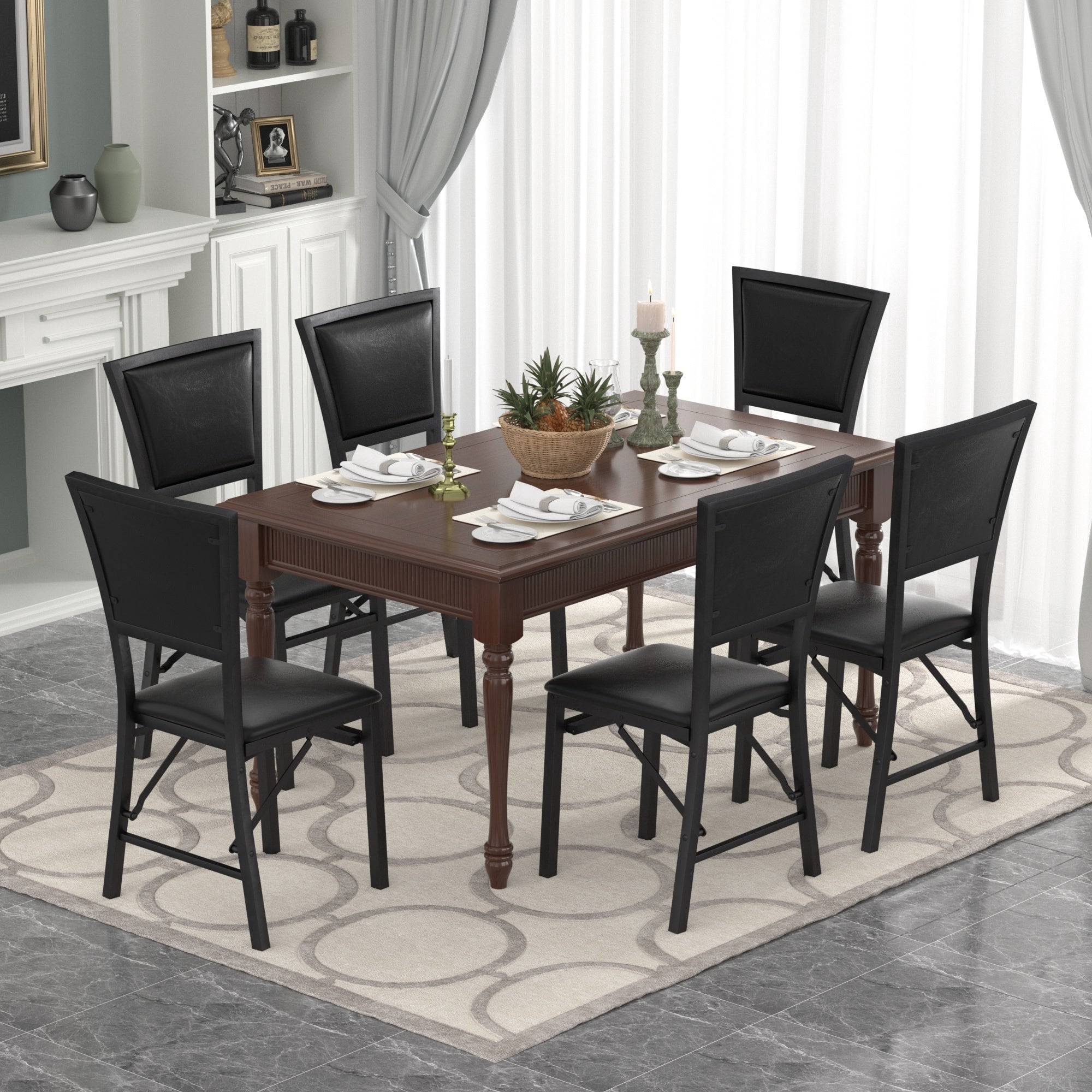 VECELO Set of 6 Metal Folding Chairs, High Back PU Upholstered Dining Chairs with Metal Frame, Modern Style Folding Chairs for Kitchen, Dining Room, Space Saving Design, Black