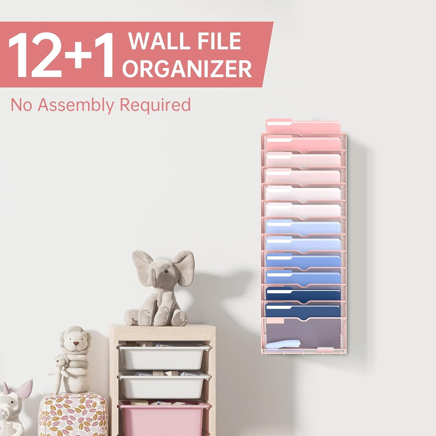 INTIGE 13-Tier Wall File Organizer with Hooks, Hanging File Organizer for Office School Home,Pink