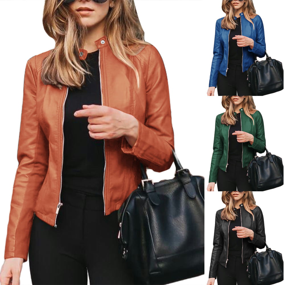 Women Autumn Winter Solid Color Stand Collar Faux Leather Zipper Slim Coat Jacket YHCWJZP Women's Coat