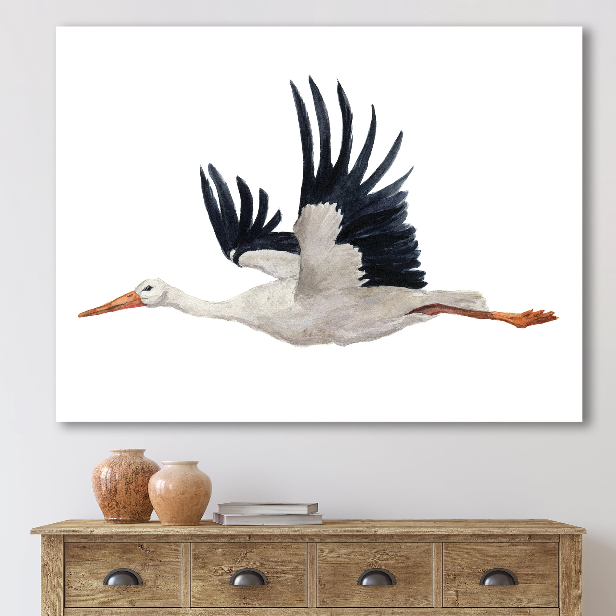Designart ' White Stork Ciconia Flying Bird ' Traditional Canvas Wall Art Print