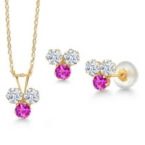 Gem Stone King 14K Yellow Gold White Zirconia and Pink Sapphire 3 Stone Pendant and Earrings Jewelry Set for Women (1.06 Cttw, Round 3MM, with 18 inch Chain)