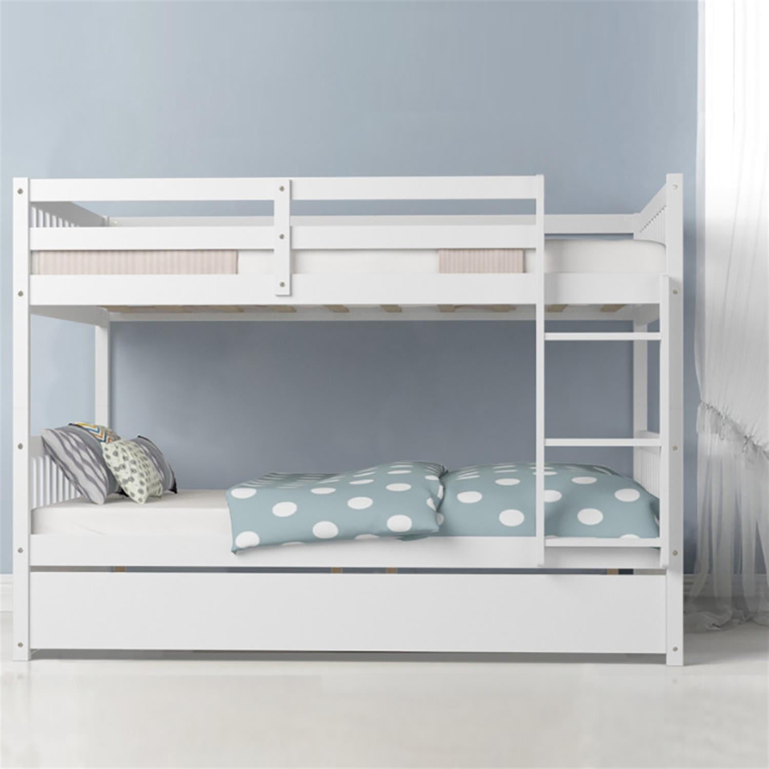 Demi Bonn Bunk Beds Full over Full with Ladder in the Steps and a Full Trundle, Bunk Bed Platform Twin Over Twin, White