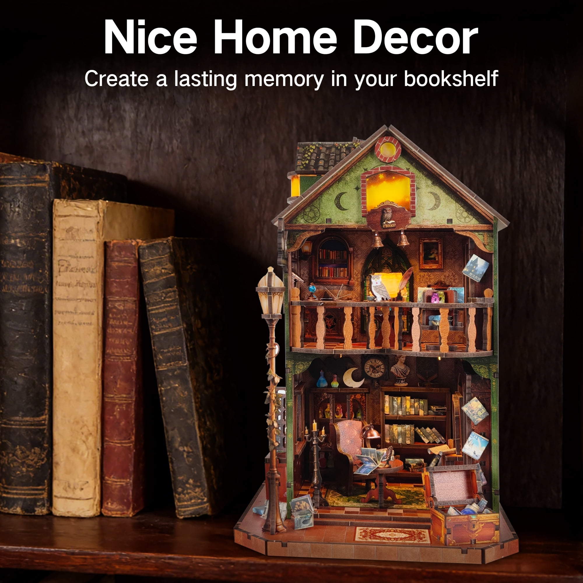 BELEEV Book Nook Kit,3D Wooden Puzzle，Owl Library Book Nook with Lights,DIY Miniature House Model Kit for Adults,Dollhouse Craft Kit Birthday Gift for Teens & Adults - Owl Library