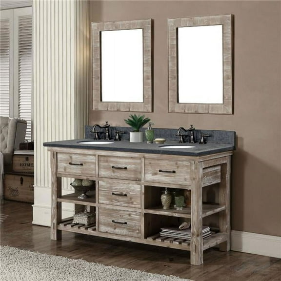 InFurniture WK8260-MG TOP 60 in. Rustic Solid Fir Double Sink Vanity With Polished Textured Surface Granite Top-No Faucet